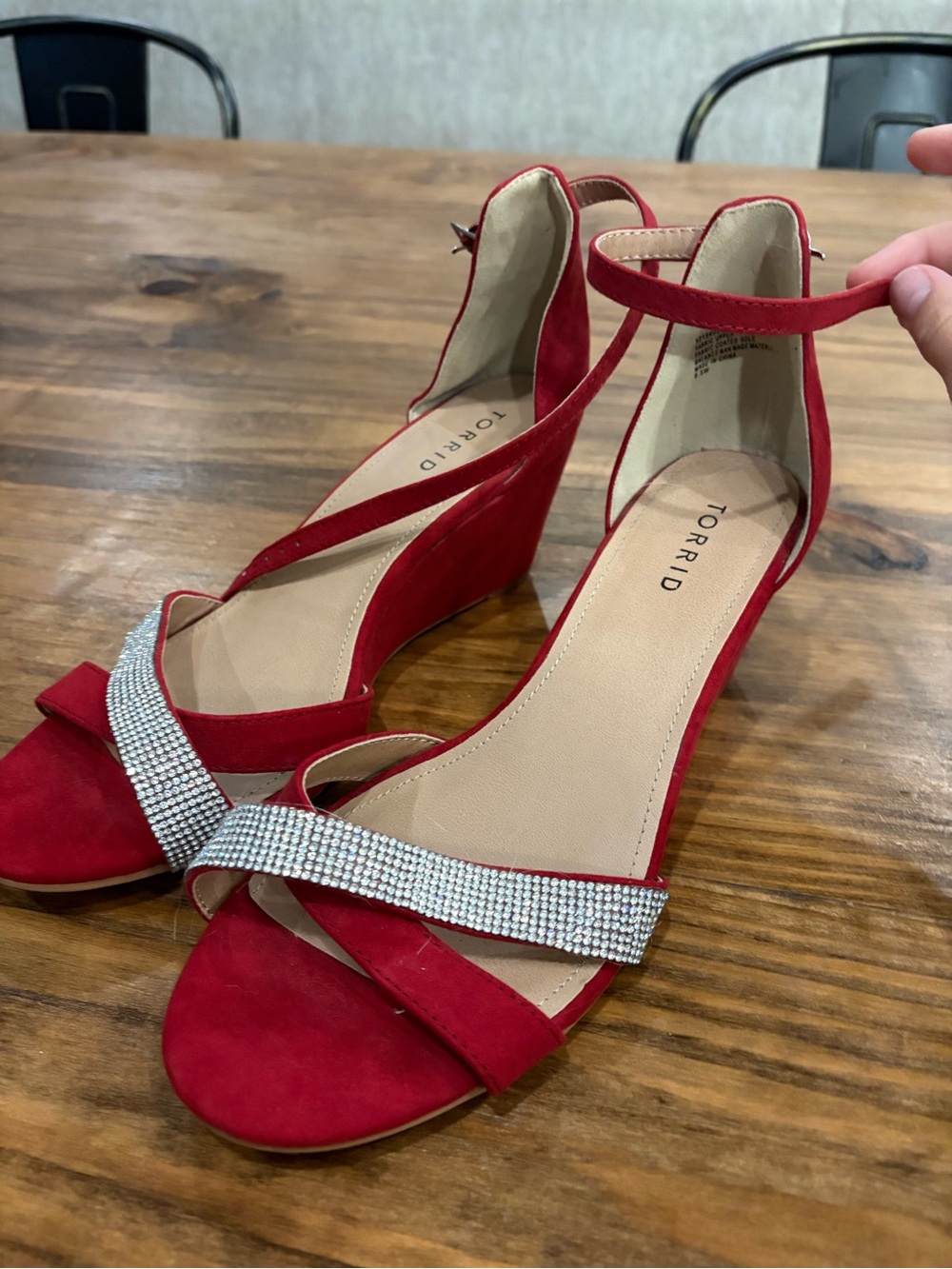 torrid Red Suede Ankle-Strap Wedge Sandals with Rhinestone Band